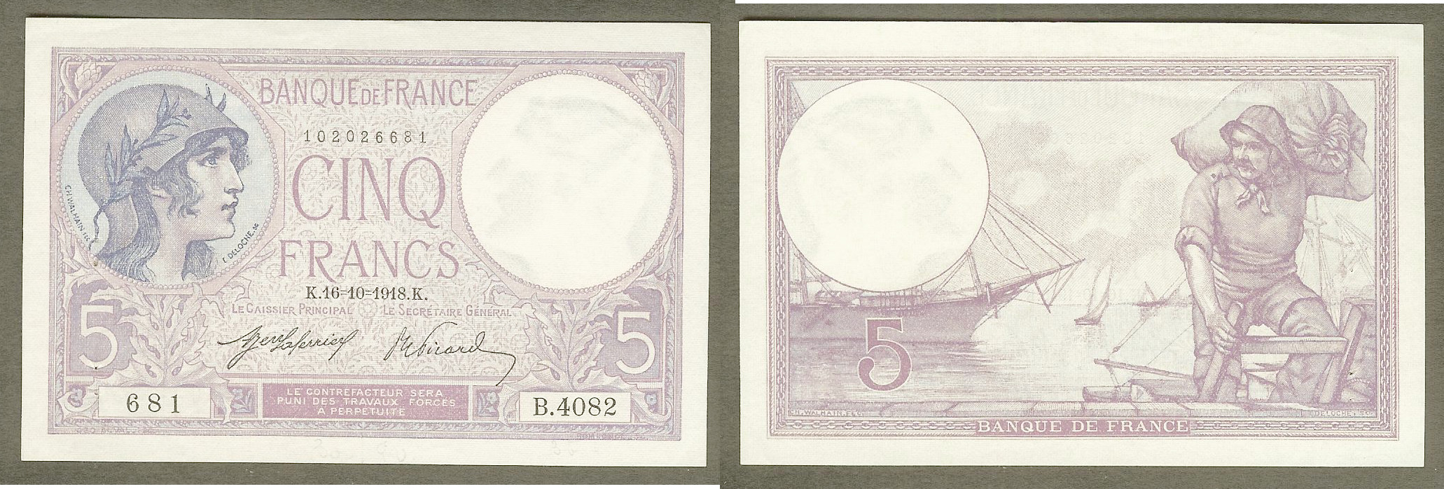 5 Francs VIOLET FRANCE 16.10.1918 SPL